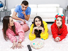 Natalia Nix is excited to have her two best friends Dani Damzel and Dakota Burns over for a movie night slumber party, so they get their onesies on, their popcorn ready and lay in the living room to watch a movie. Little did they know that Natalia&rsquo;s stepbrother Johnny had placed a secret camera and is challenging himself to turn all three girls' attention on to his huge dick.video